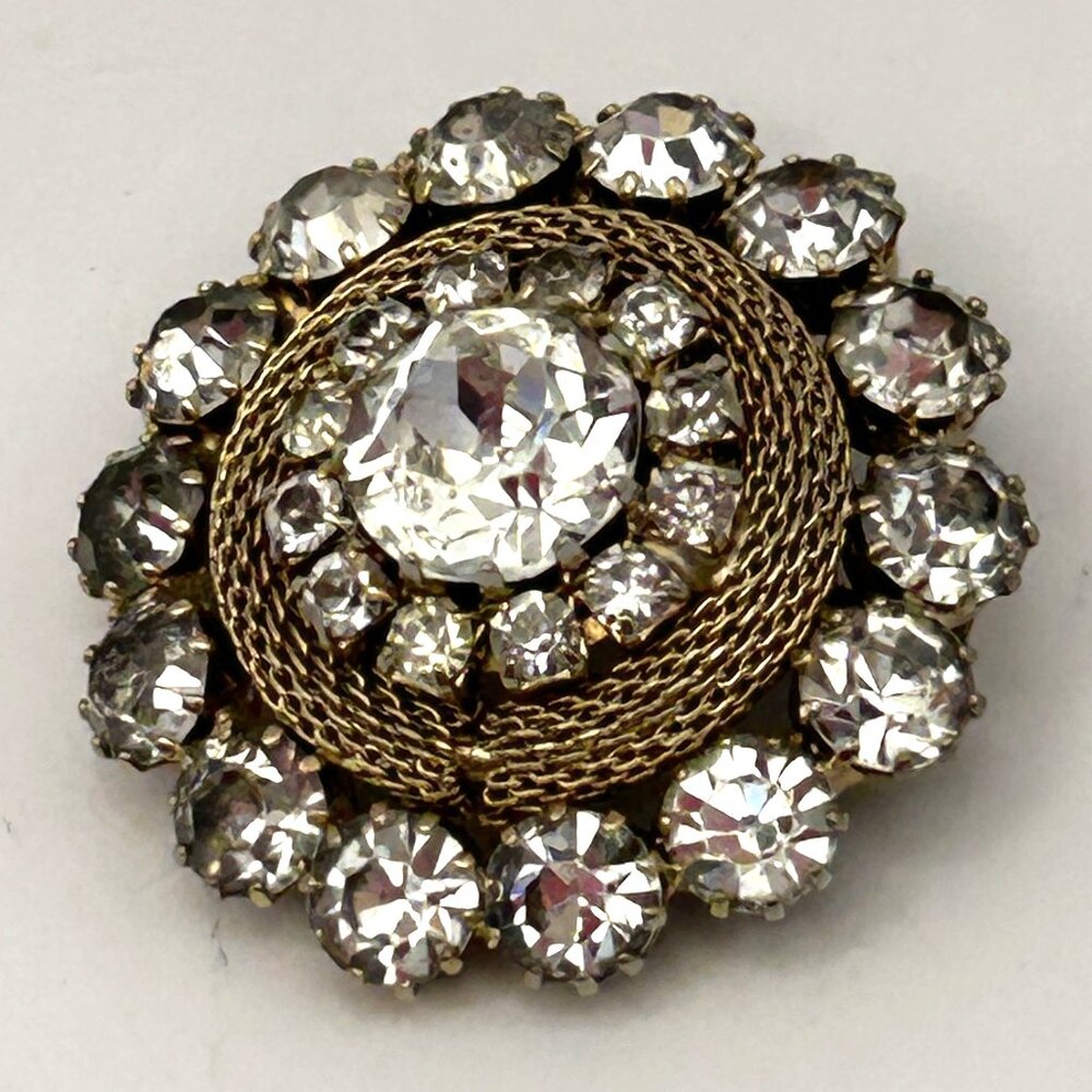 Vintage Weiss Mesh Rhinestone Halo Brooch Signed Domed